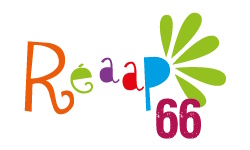 Logo du Réaap66, Réseau d'écoute, d'appui et d'accompagnement des Parents des Pyrénées-Orientales, avec des lettres multicolores et un motif en forme d'éventail vert.